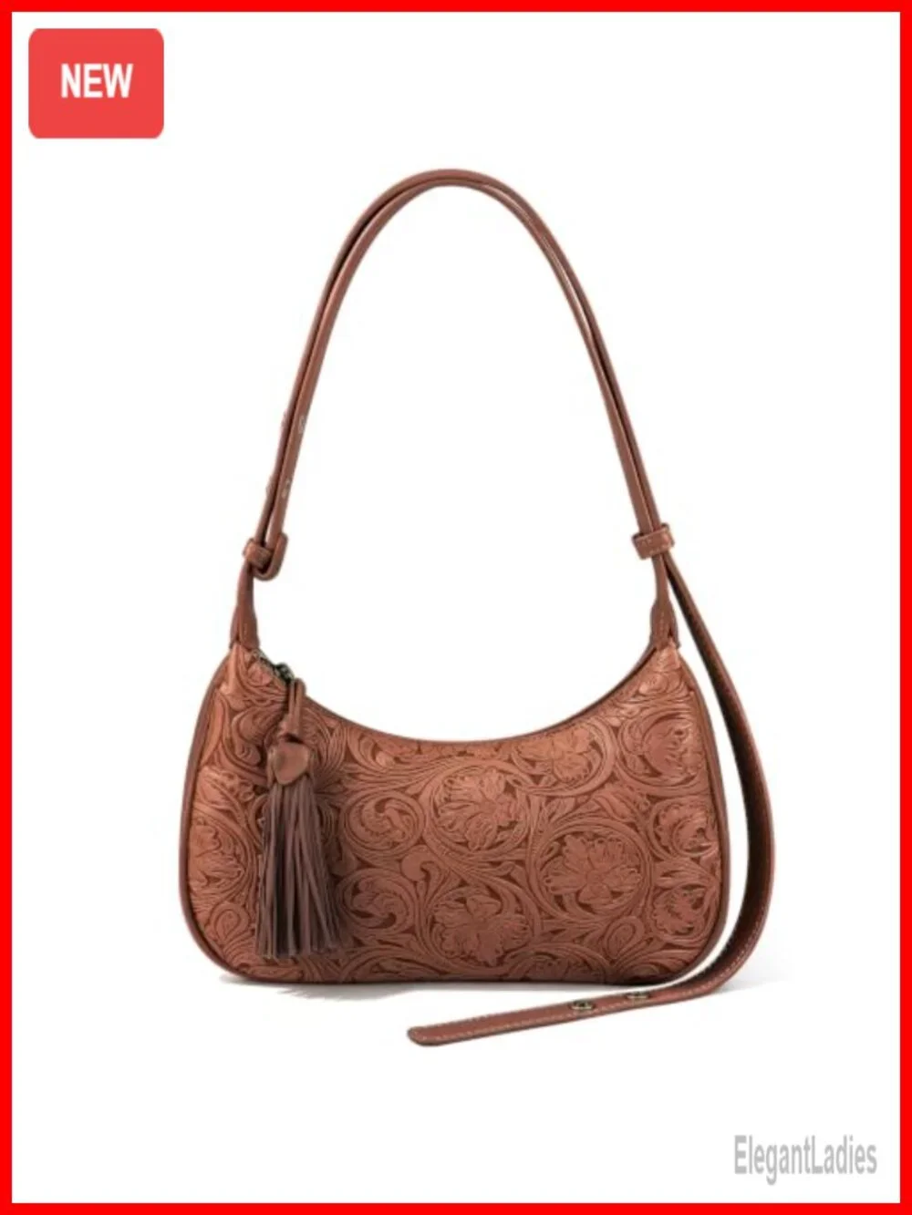 Vegan Leather Floral Embossed Hobo Bag with Tassel Adjustable Strap